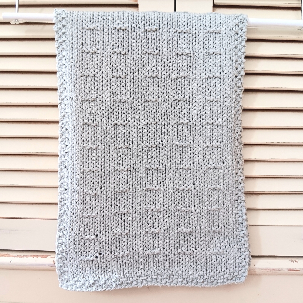 Hand Crafted Hand Knit Light Silver Gray Textured Dash Stripe Cotton Hand Towel